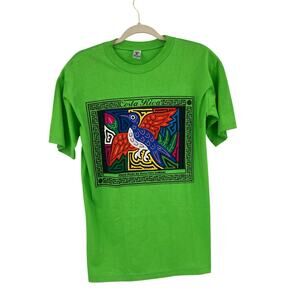 Coasta Rica Embroidered Lime Green Exotic Bird Short Sleeve Tee Size Small